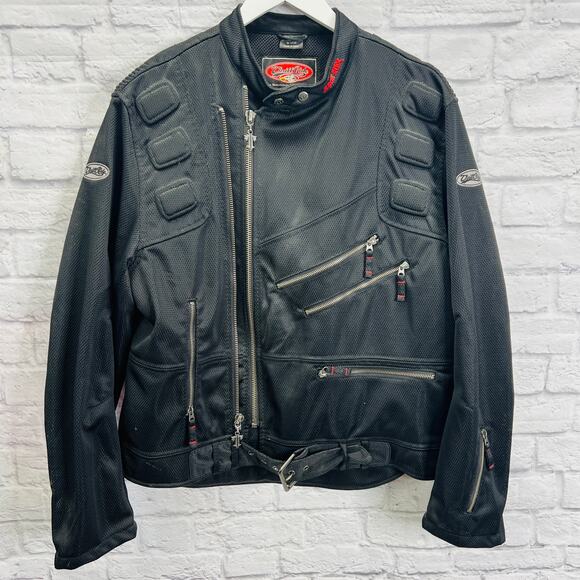 Vintage Thrill Ride Mens Motorcycle Jacket Size XL Black Mesh Padded Belted - Picture 1 of 9